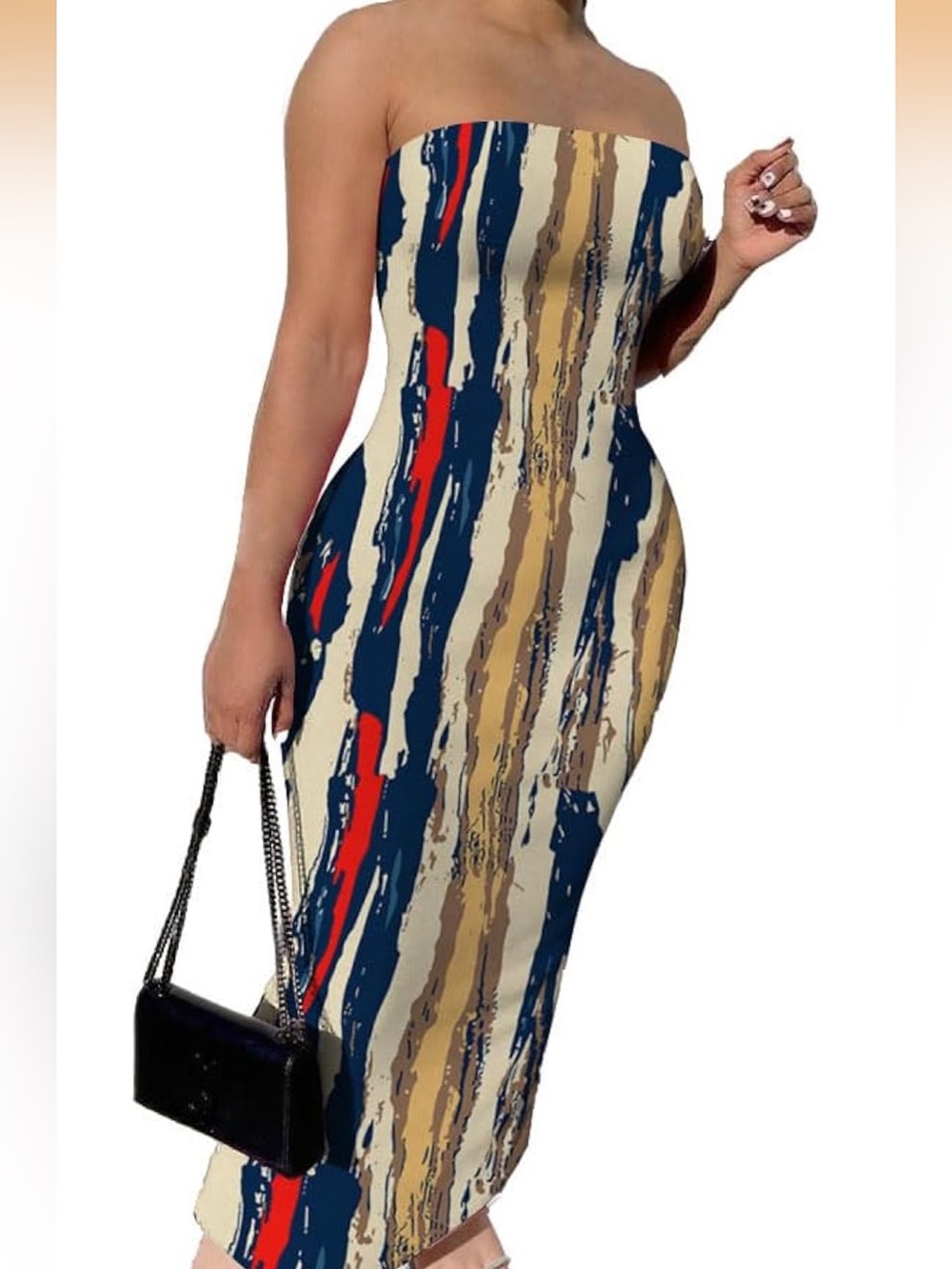 Strapless Abstract Stripe Midi Dress - Navy/Beige/Red